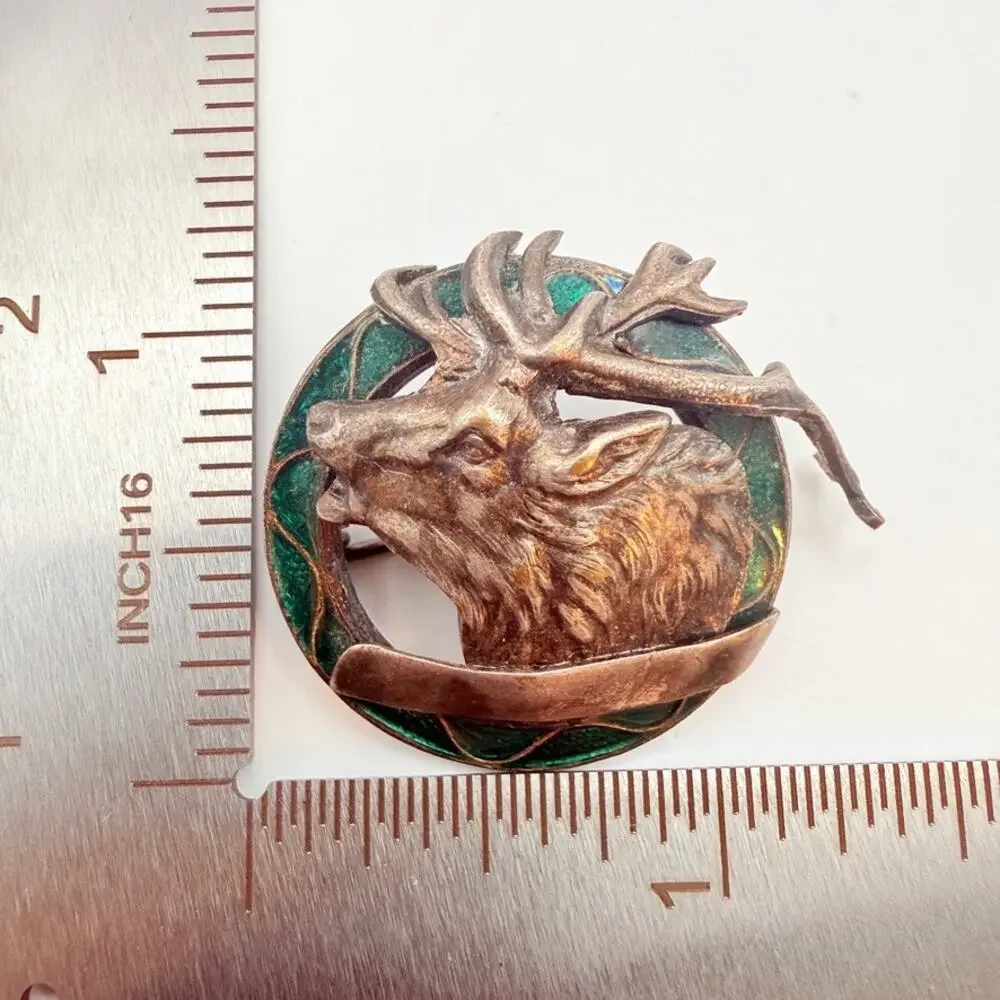 Antique Scottish Stag Head Hat Pin Green Enamel Silver Repousse Hunting Badge